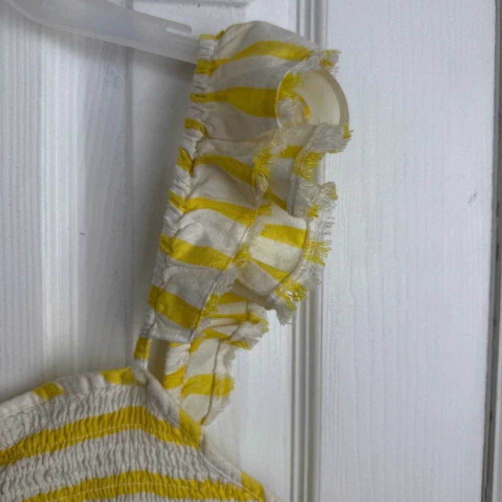 Free‎ People Yellow White Striped Smocked Crop Top Ruffle Cottagecore LG Boho